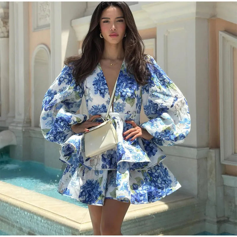 Women Tie-Dye Flower Deep V Neck Flare Sleeve Mini Dress