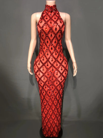 Sparkly Rhinestones Sleeveless Evening Dress for Women