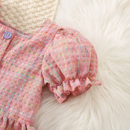 Summer Baby Girl Cotton Plaid Bubble Sleeve Set