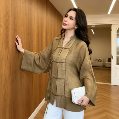 Women's Yellow Long Sleeve Shirt with Knot Decoration