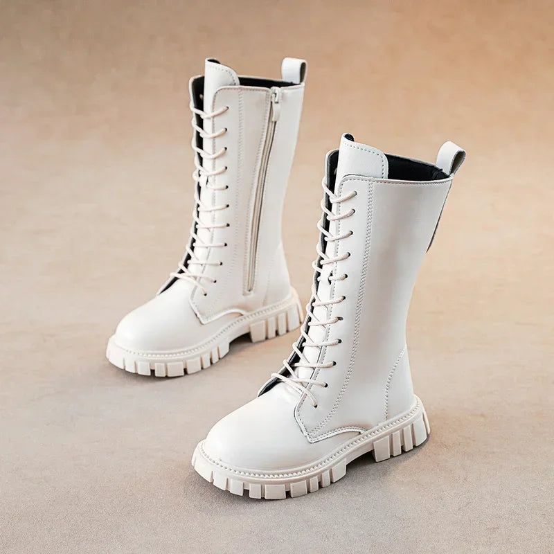 Black Mid Boots for Girls with Square Heel and Zip Closure
