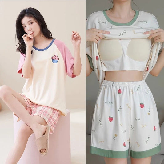 Women Summer Pajama Set with Built-In Bra and Shorts