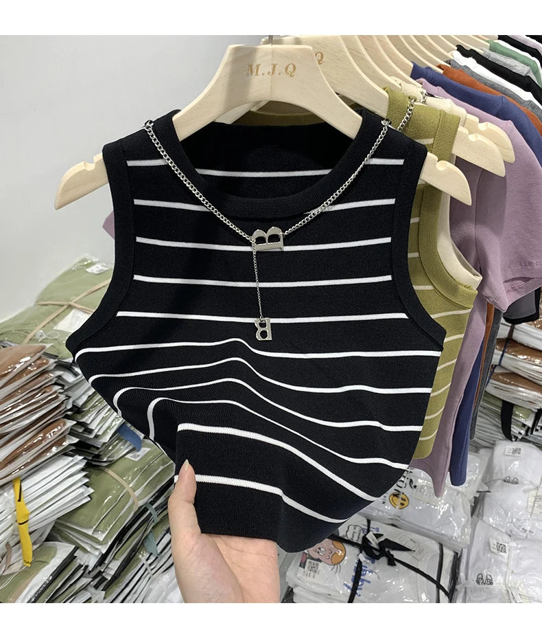 Striped Knit Sleeveless Waistcoat for Women