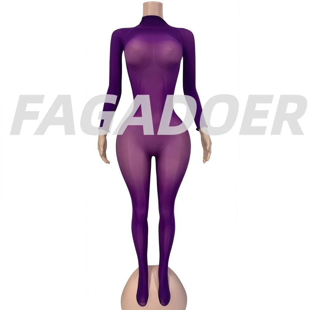 Sexy Mesh See Through Bodycon Jumpsuit for Women