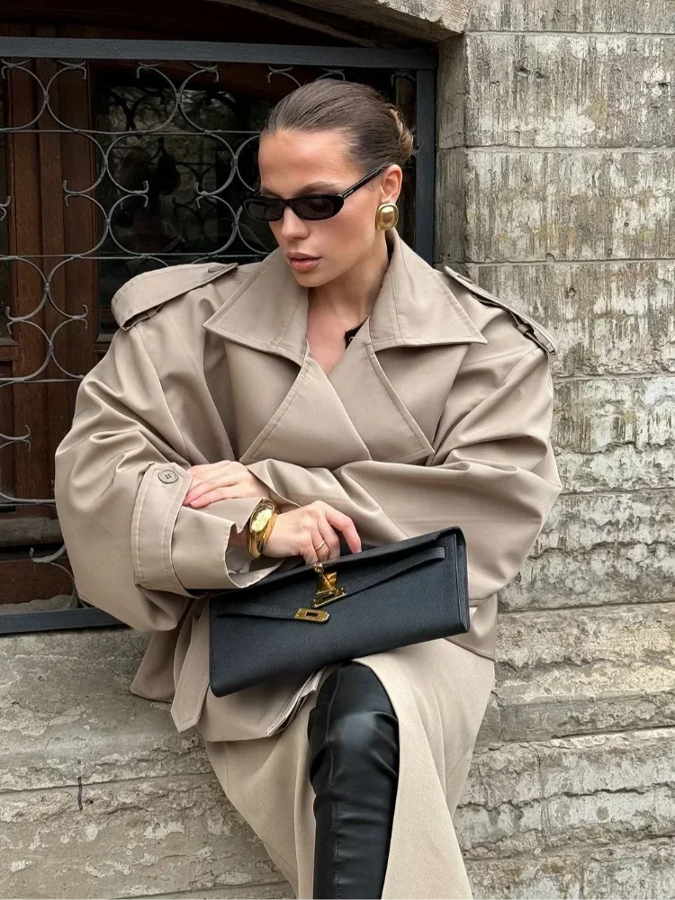 Solid Lace Up Trench Coat Women Full Sleeve Windbreak