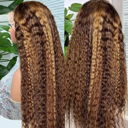 Deep Wave Human Hair Wig Honey Blonde Highlight 5x5 Lace Closure