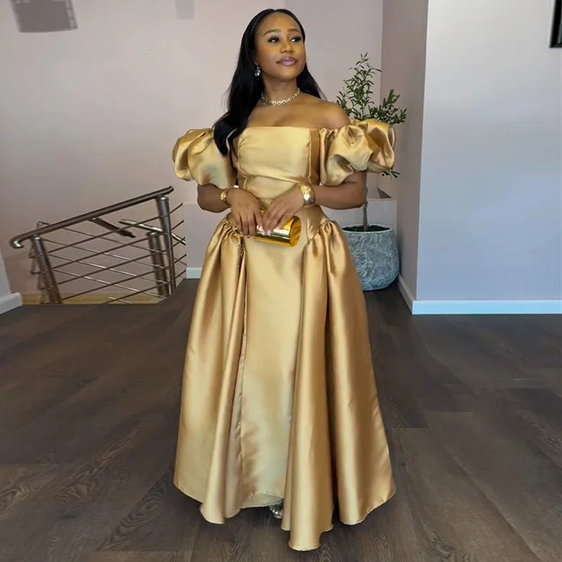 Gold Solid A-line Maxi Dress with Puff Sleeves