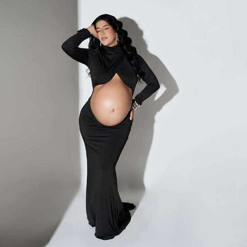 Maternity Maxi Gown Turtleneck Bodycon Dress