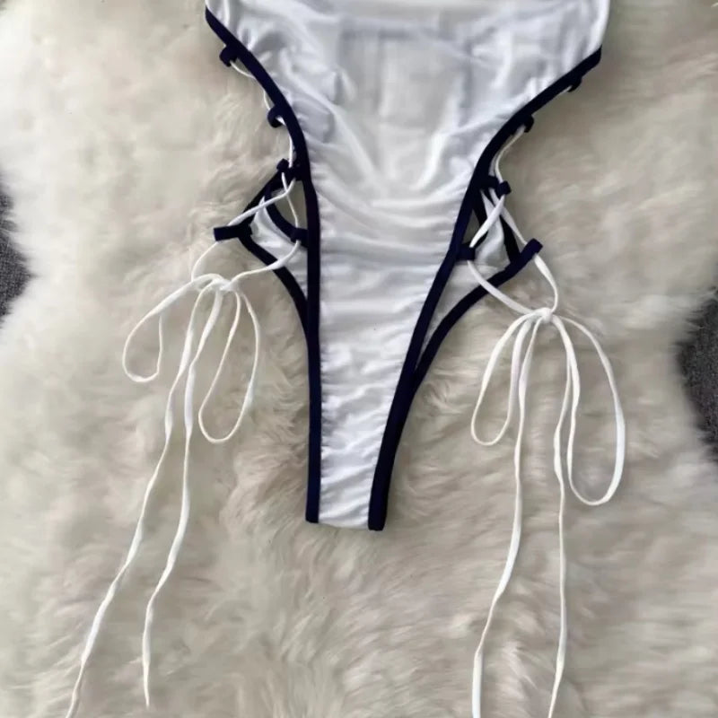Women Transparent Lace Up Halter Bodysuit Romper