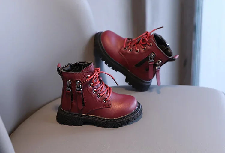 Burgundy PU Leather Ankle Boots for Kids