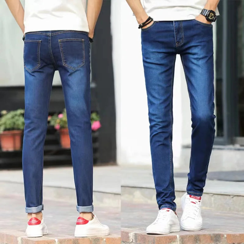 Mens Slim Fit Denim Pencil Pants Black White Stretch Jeans