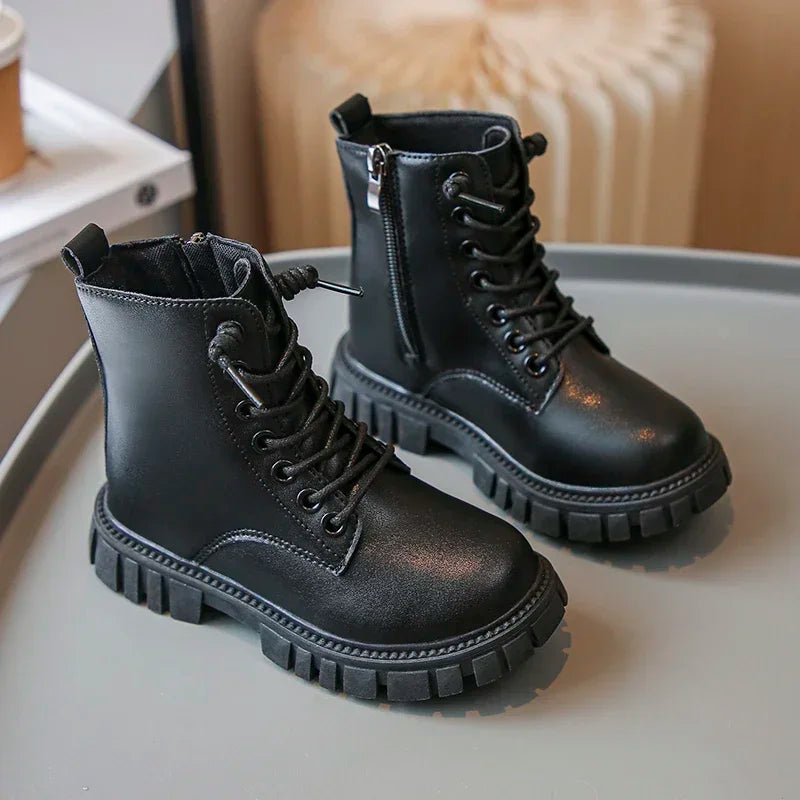 Girls Black Leather Ankle Boots with Thick Sole