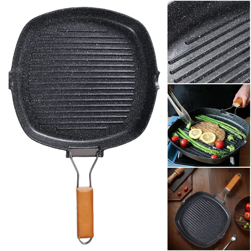 Foldable Portable Steel Grill Pan with Wooden Handle