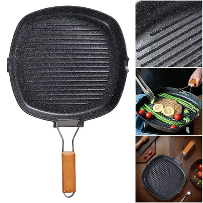 Foldable Portable Steel Grill Pan with Wooden Handle