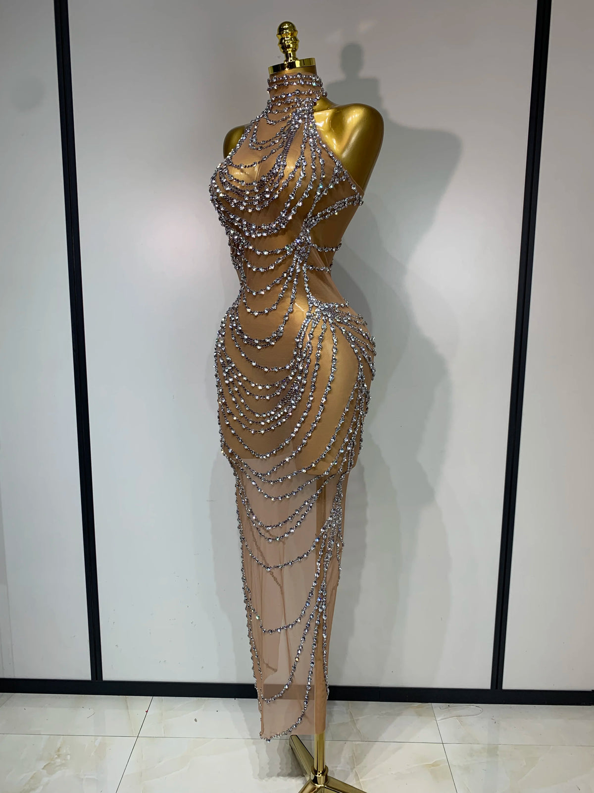 Sparkly Rhinestone Transparent Mesh Long Dress