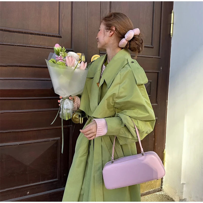 Green Oversized Belt Overcoat Women Long Sleeve Windbreaker