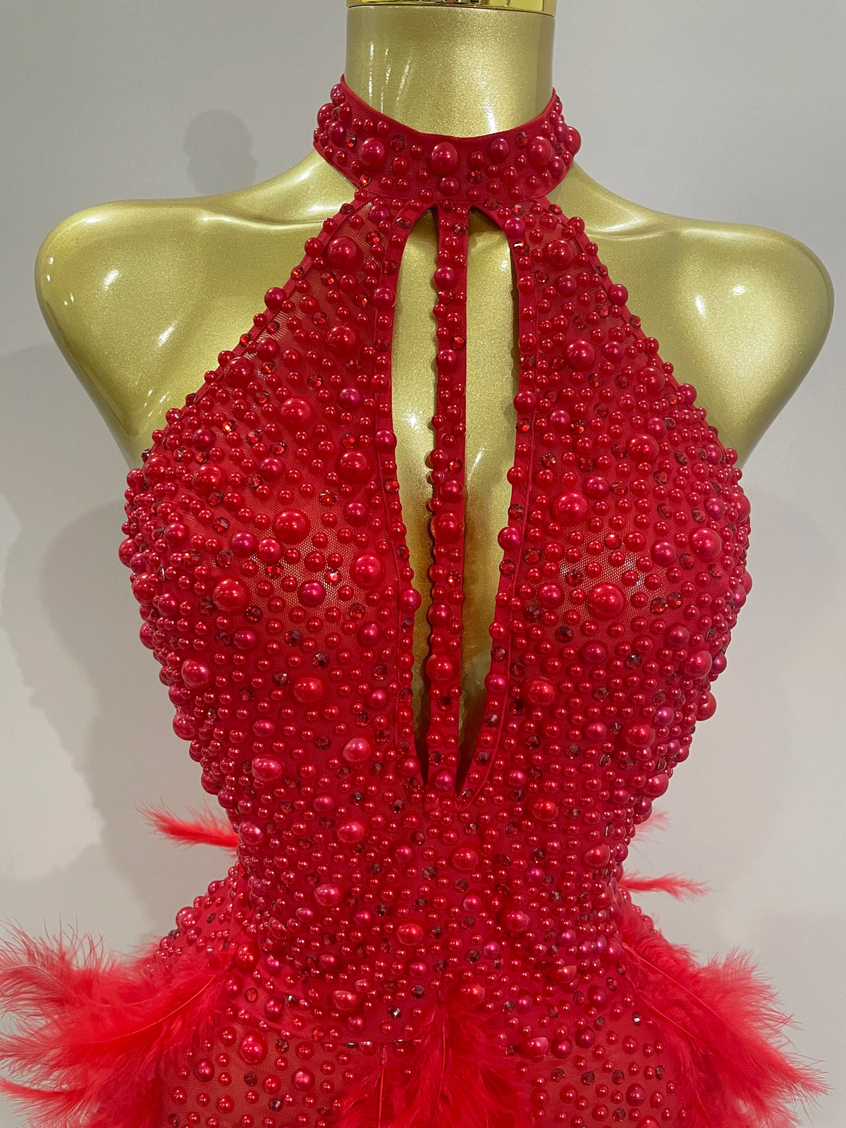 Luxury Rhinestones Pearls Feathers Halter Backless Dress