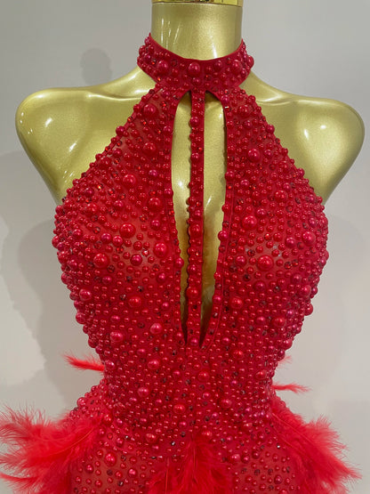 Luxury Rhinestones Pearls Feathers Halter Backless Dress