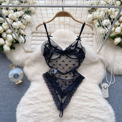 Women Transparent Lace Up Halter Bodysuit Romper