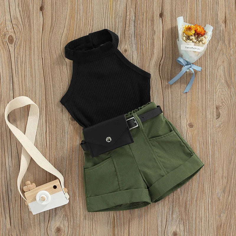 Girls 3PCS Summer Outfit Set with Sleeveless Tops and Shorts