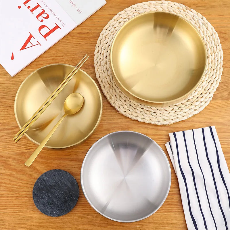 Stainless Steel Double Layer Cold Noodle Bowl Gold Silver