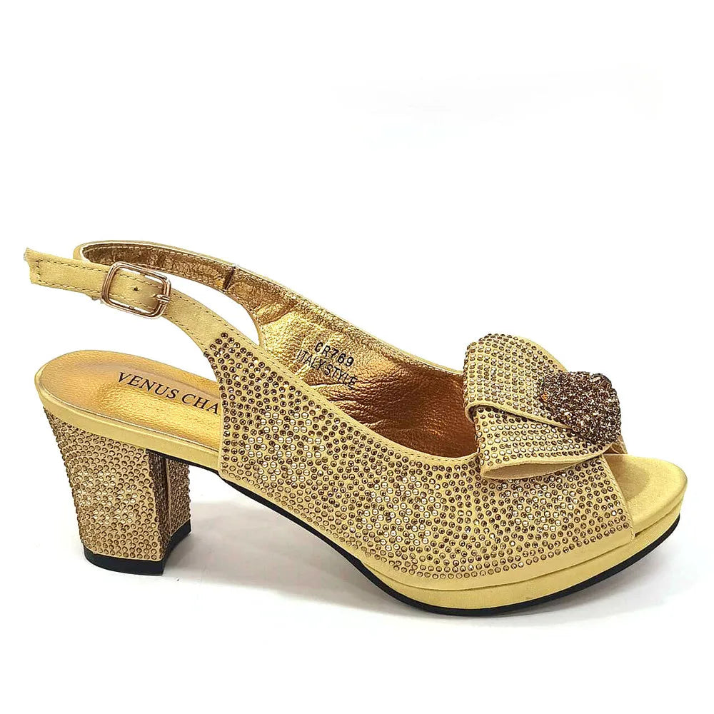 Golden Wedding Shoes And Bag Set With Diamond Decoration