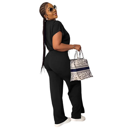 Women Casual Short Sleeve Drawstring Top and High Waist Pants Set