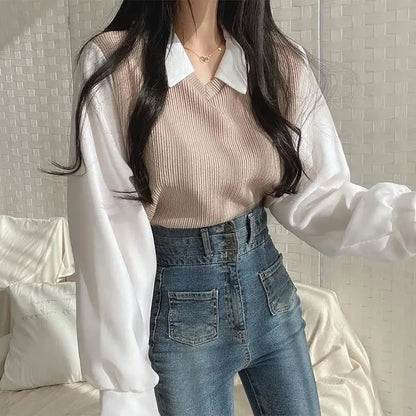 Korean Style Polo Collar Chiffon Blouse for Women