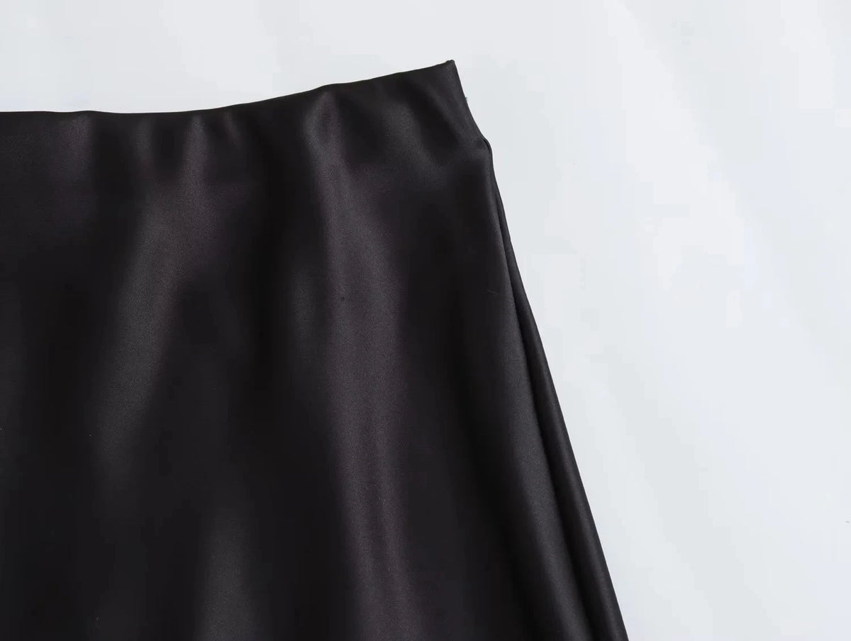 Vintage Satin Solid Long Skirt Women High Waist