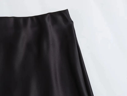 Vintage Satin Solid Long Skirt Women High Waist