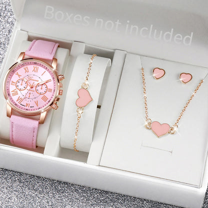 Fashion Women's Quartz Watch Leather Band Jewelry Set