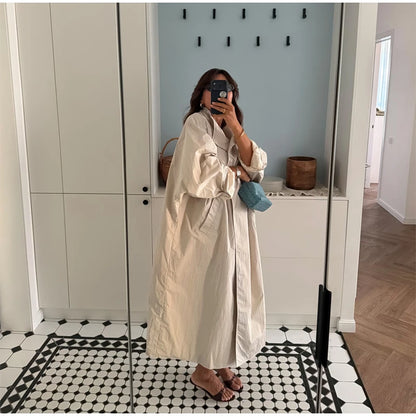 Khaki Long Color-block Stripe Trench Coat for Women
