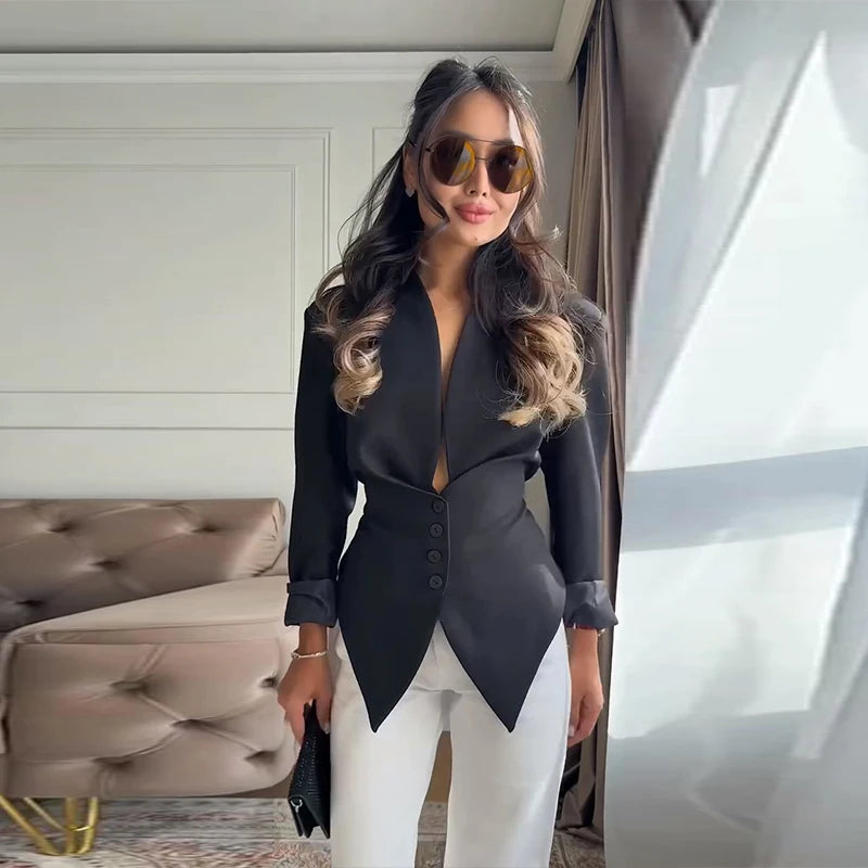 Chic Waist Cinched Women's Blazer Coat with Stand Collar