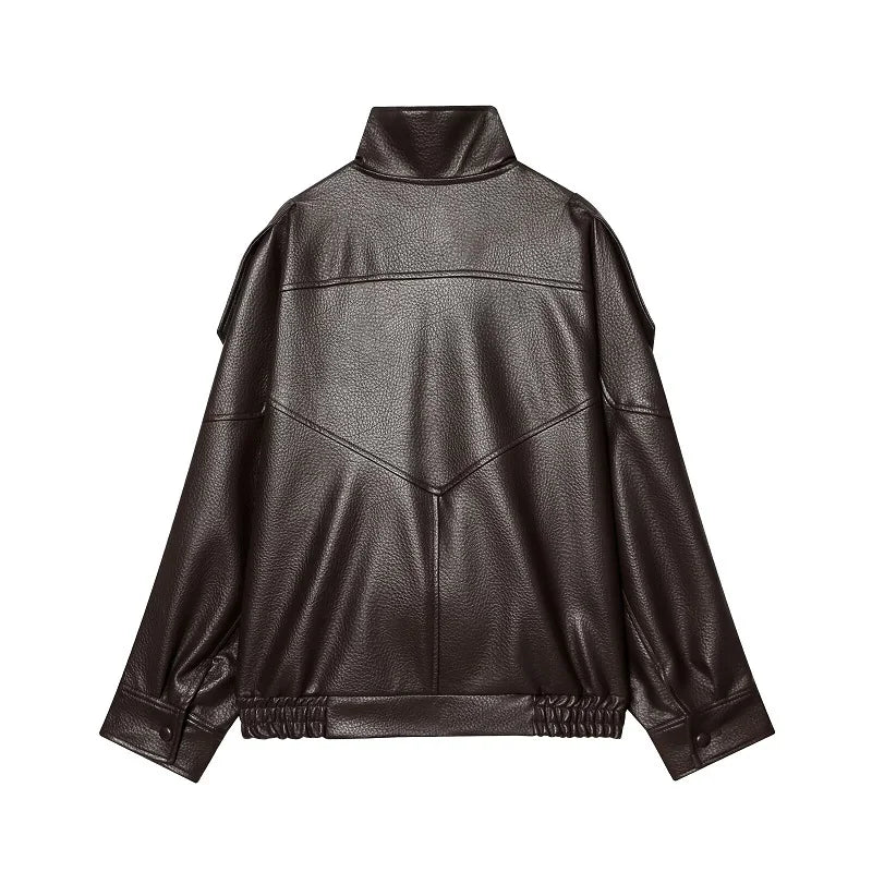 Faux Leather Oversize Bomber Jacket for Women