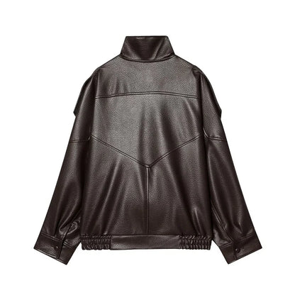 Faux Leather Oversize Bomber Jacket for Women