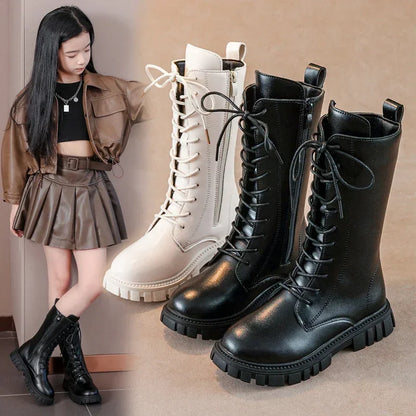 Black Mid Boots for Girls with Square Heel and Zip Closure