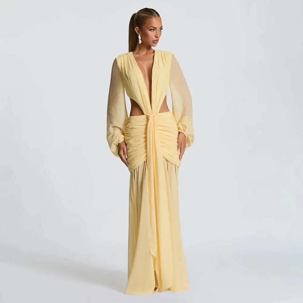 Deep V Hollow Backless Chiffon Maxi Party Dress