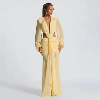 Deep V Hollow Backless Chiffon Maxi Party Dress