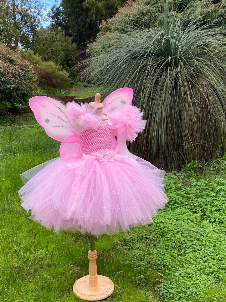 Girls Pink Glitter Tutu Dress with Wings and Hairbow