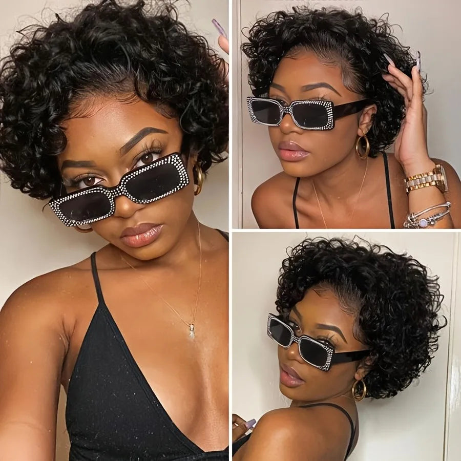 Pixie Cut Curly Lace Front Wig Natural Black 6 Inch