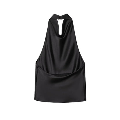 Black Satin Backless Halter Top for Women