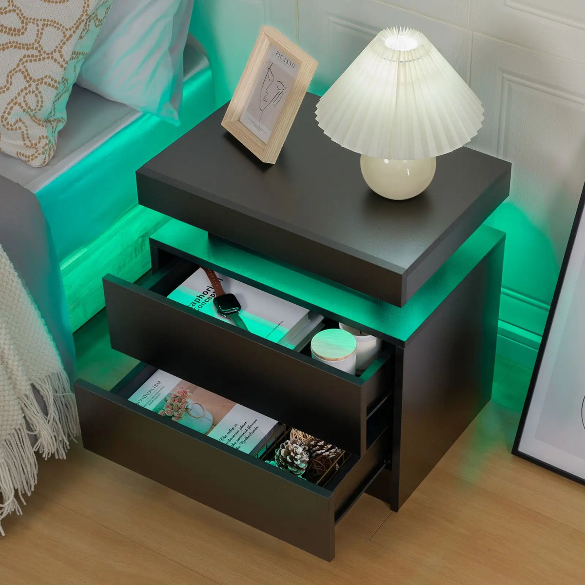 Cubehom White LED Nightstand with 2 Drawers