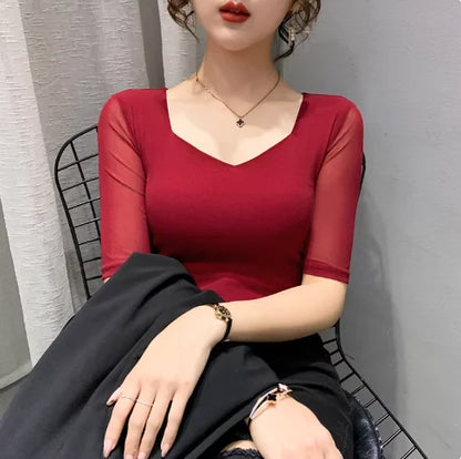 Women Slim Fit Long Sleeve Mesh T-Shirt