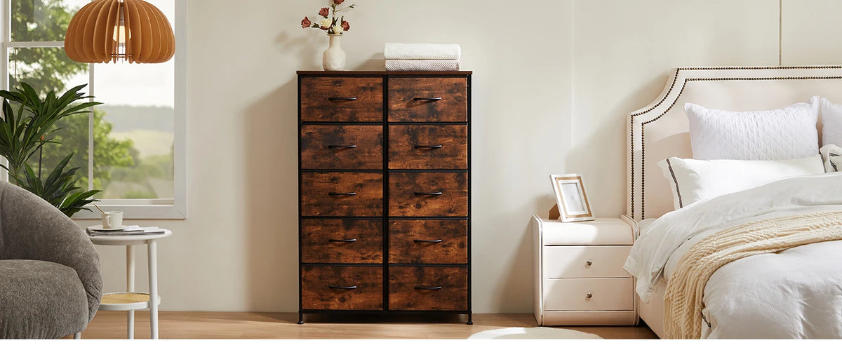 JHK Bedside Table with 10 Fabric Drawers and Steel Frame