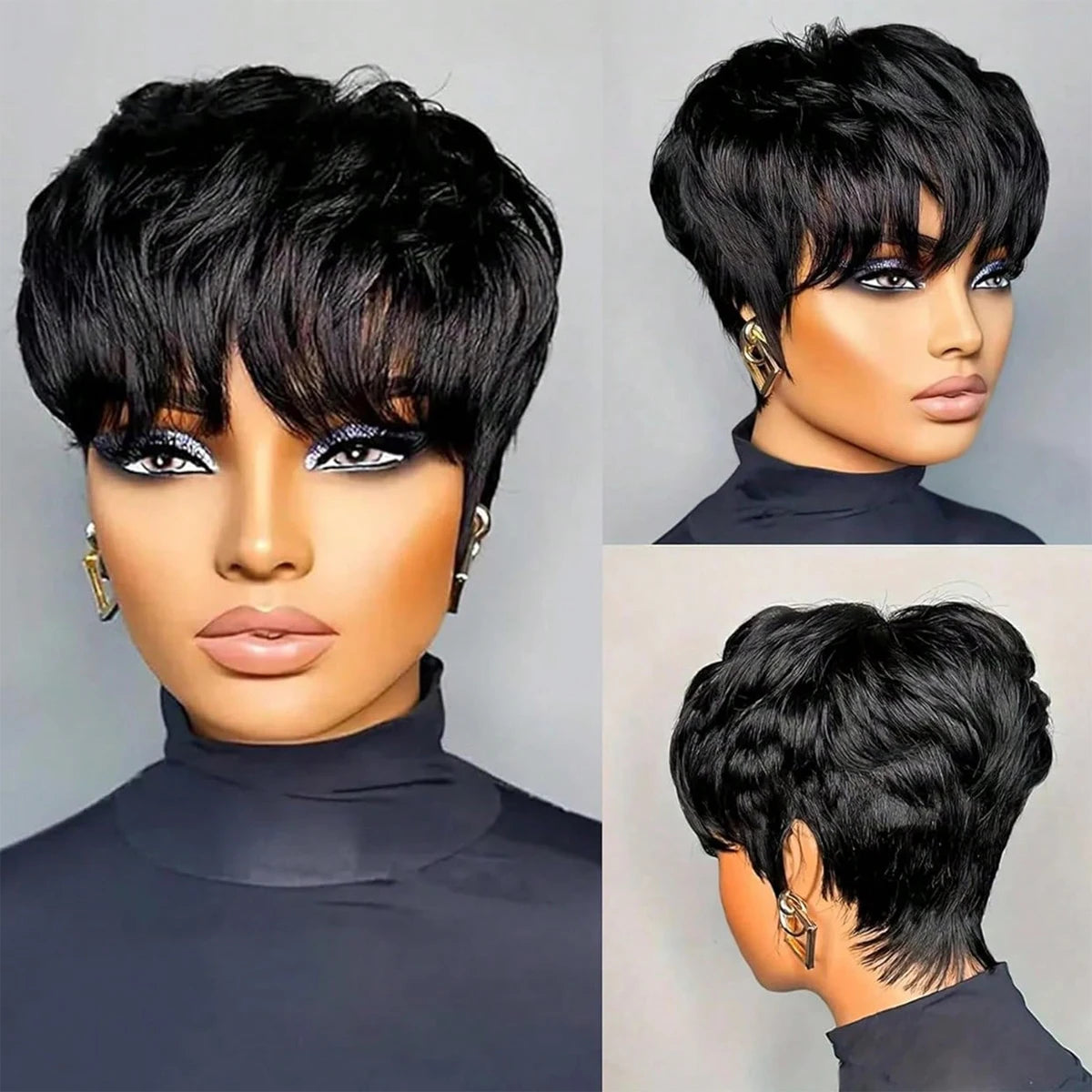 Short Bob Wig Straight Synthetic Wig with Bangs Natural Black