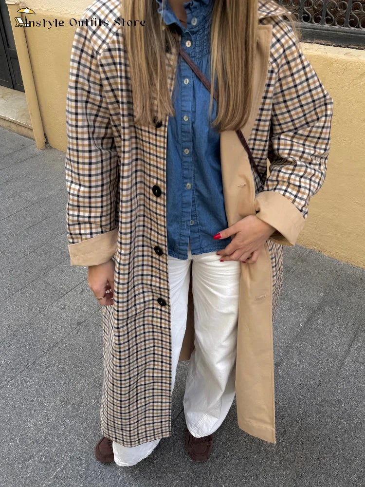 Double-Sided Long Trench Coat for Women with Pockets