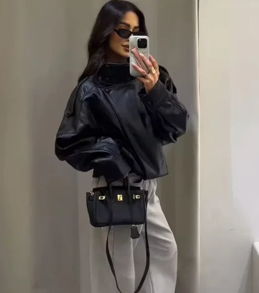 Black Long Sleeve Faux Leather Motorcycle Jacket