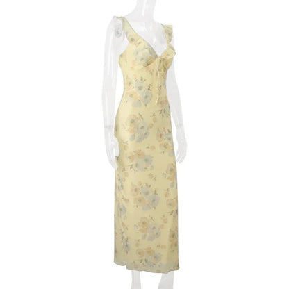 Yellow Flower Print Maxi Dress Sleeveless V Neck