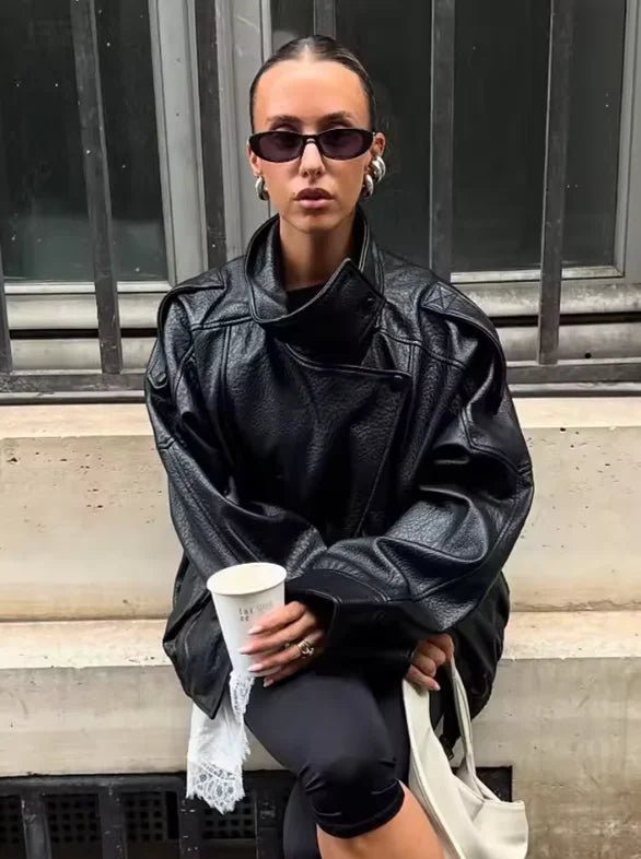 Black Long Sleeve Faux Leather Motorcycle Jacket