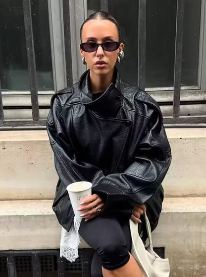 Black Long Sleeve Faux Leather Motorcycle Jacket